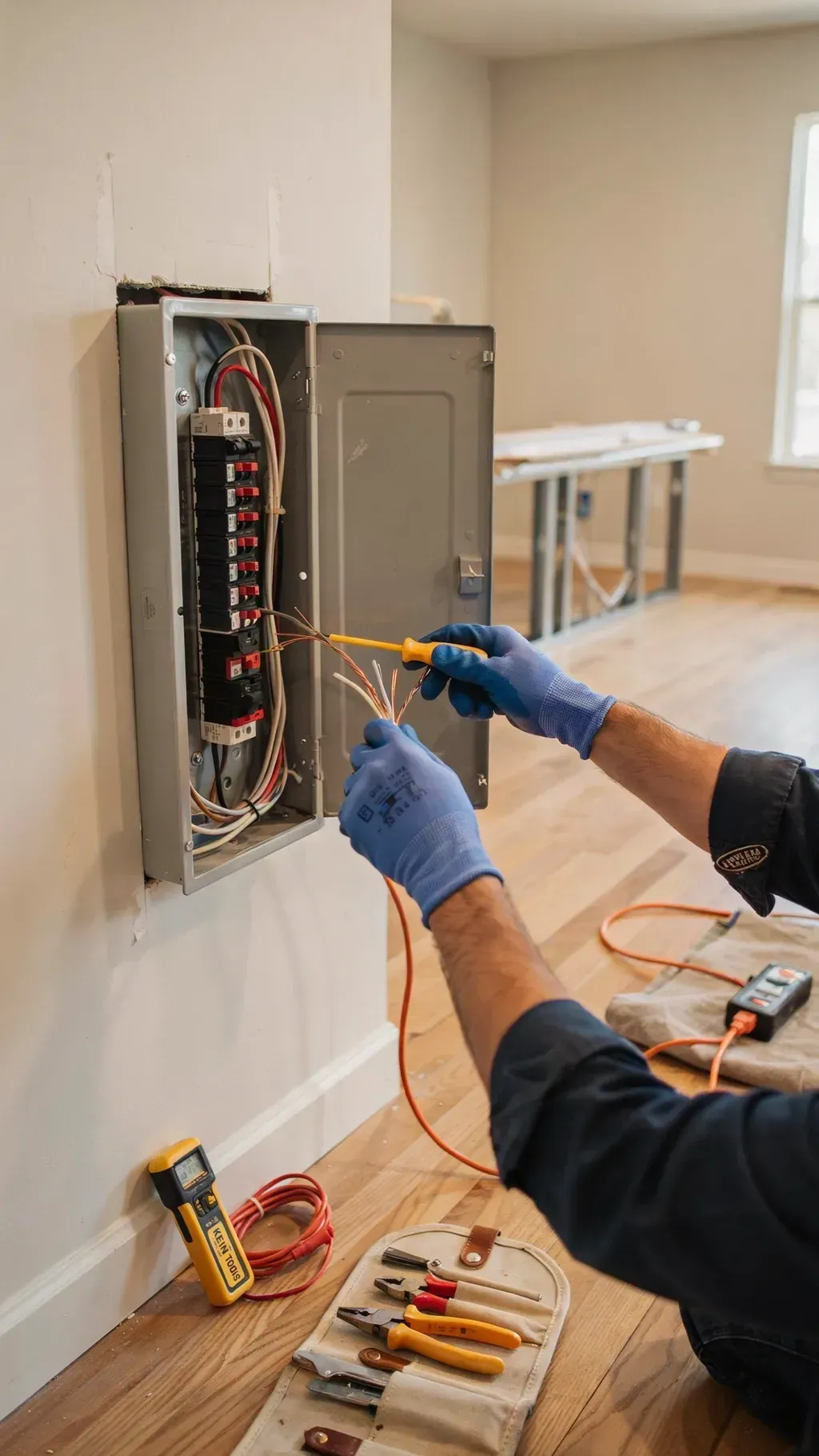 Electrician wiring a wall panel with tools on the floor in a room under renovation