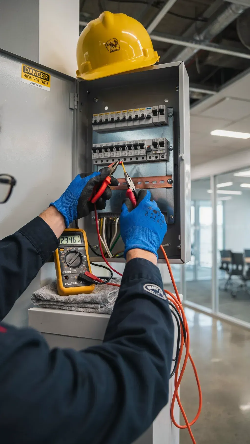 Electrician testing wiring in an open electrical panel with a yellow hard hat nearby.