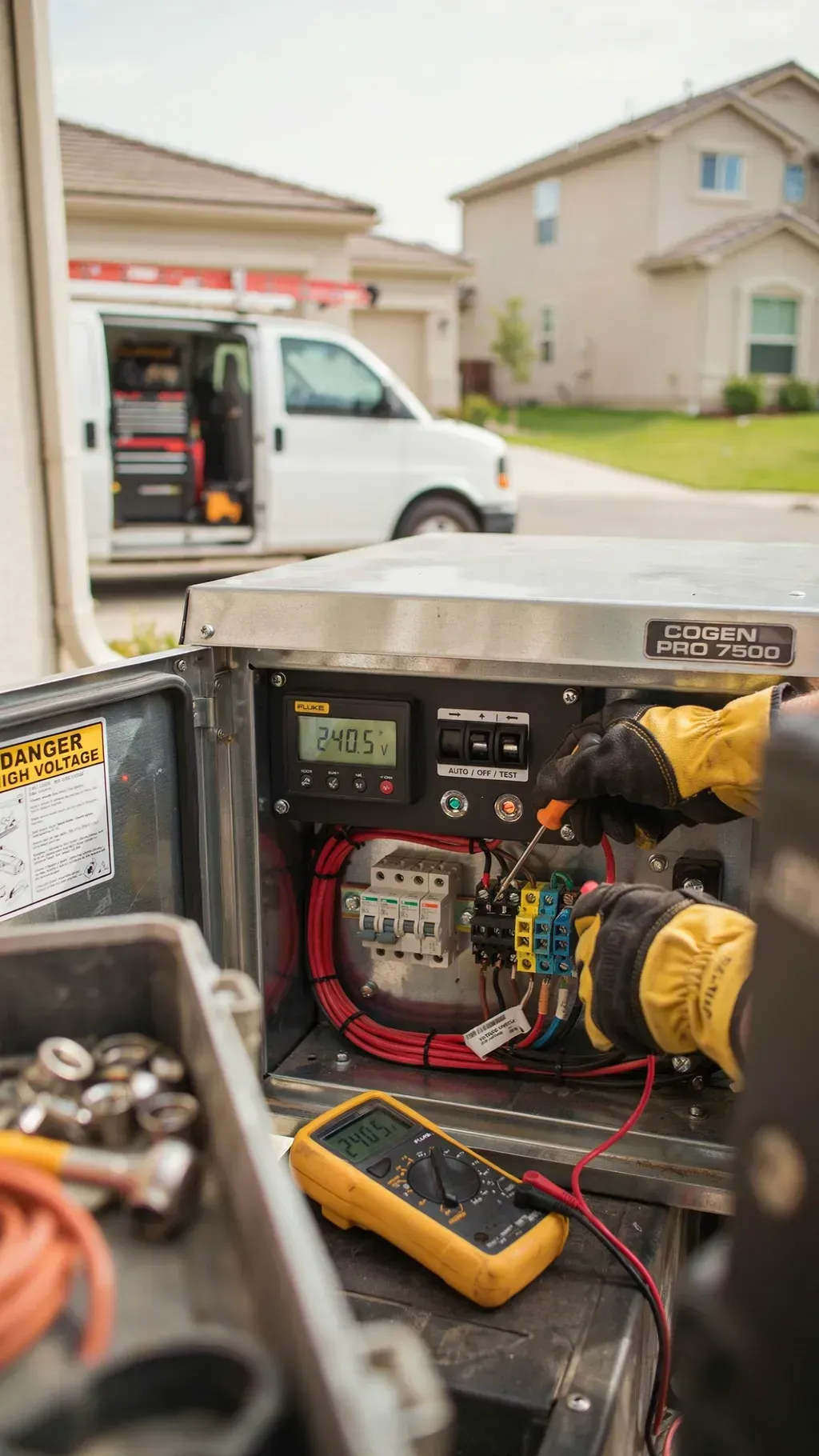 Technician using a meter to inspect electrical equipment in a garage, with a van parked outside.