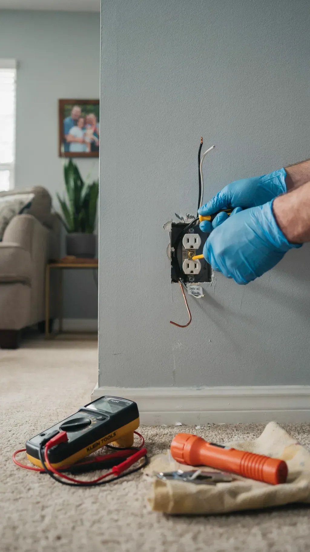 Gloved hand wiring an electrical outlet in a gray wall, with tools on the floor.