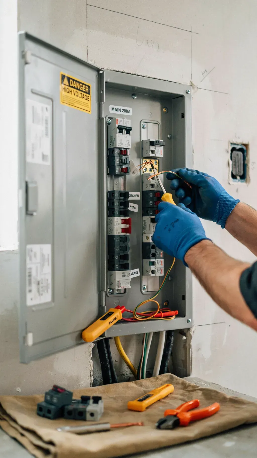 Electrician working inside an open breaker panel with blue gloves and tools on a workbench nearby