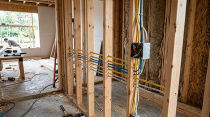 Unfinished house interior with exposed wooden framing and electrical wiring.