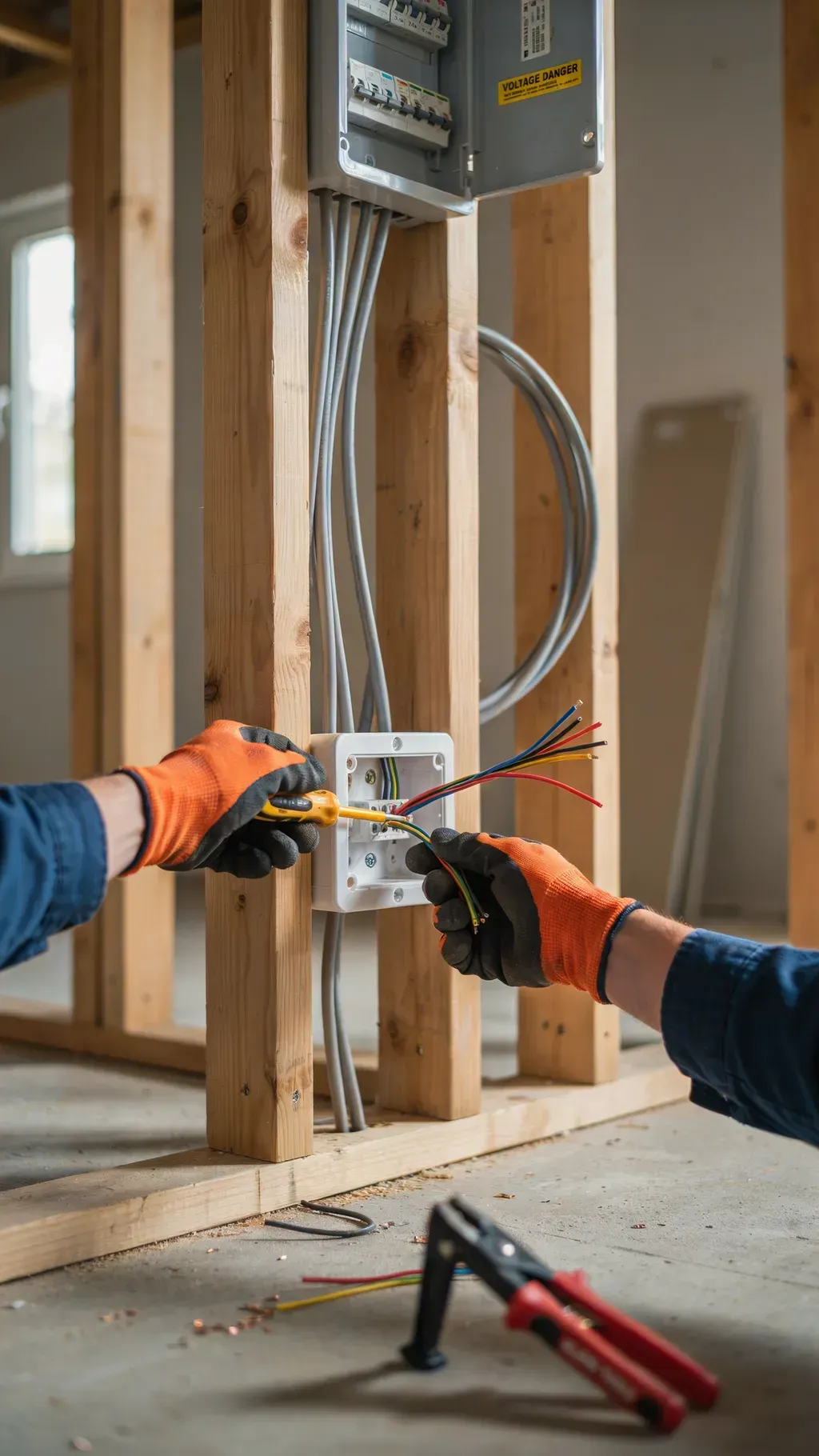 Hands wiring an electrical panel in a framed wall during construction