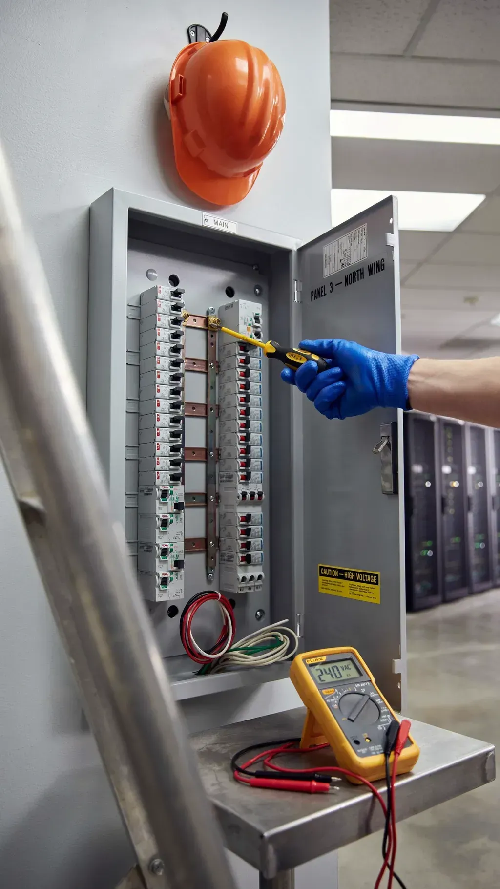 Electrician testing an open breaker panel with a multimeter; hard hat on top and meter on the floor.
