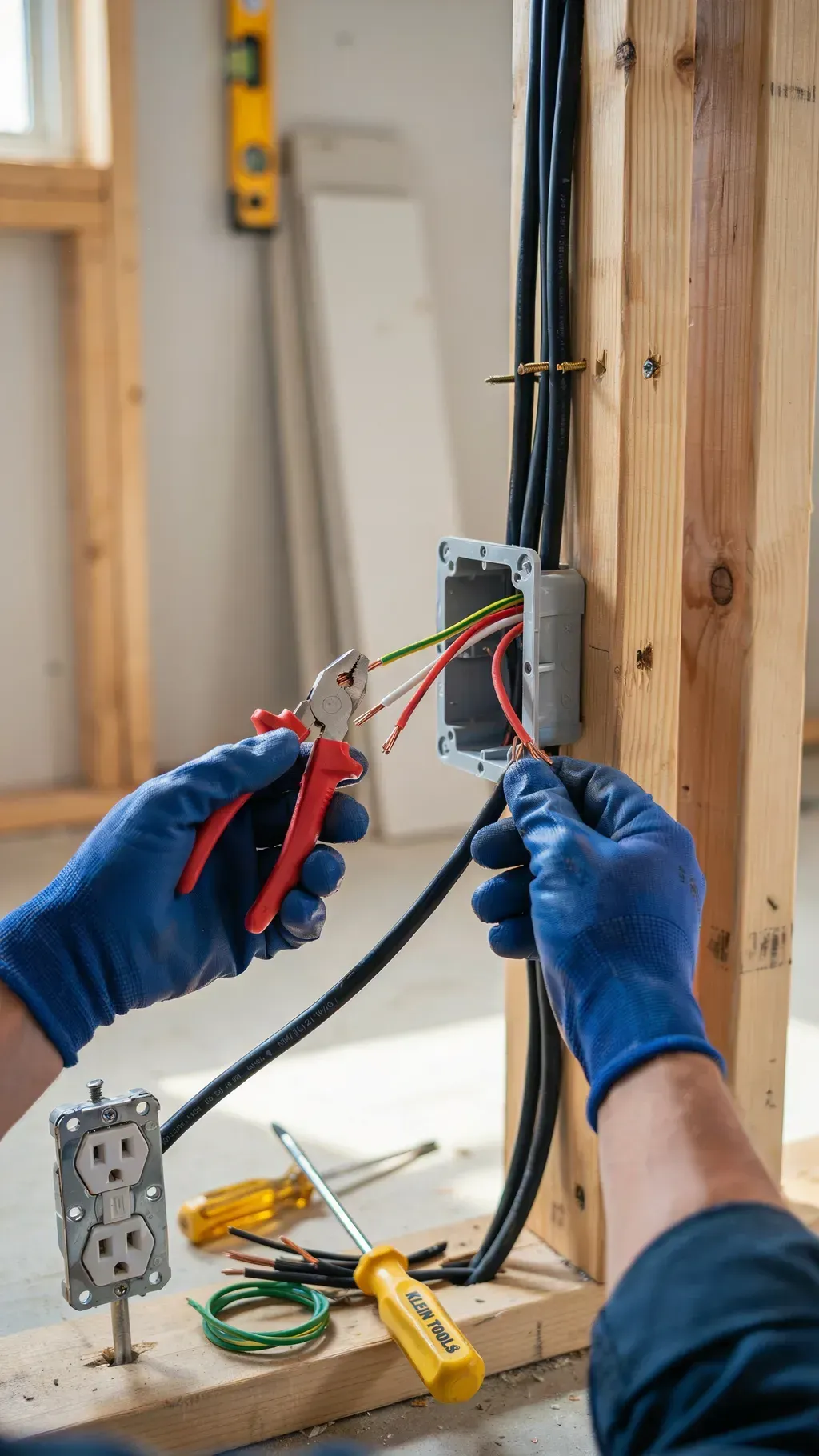 Blue-gloved hands wire an electrical outlet in a wood-framed wall during construction.
