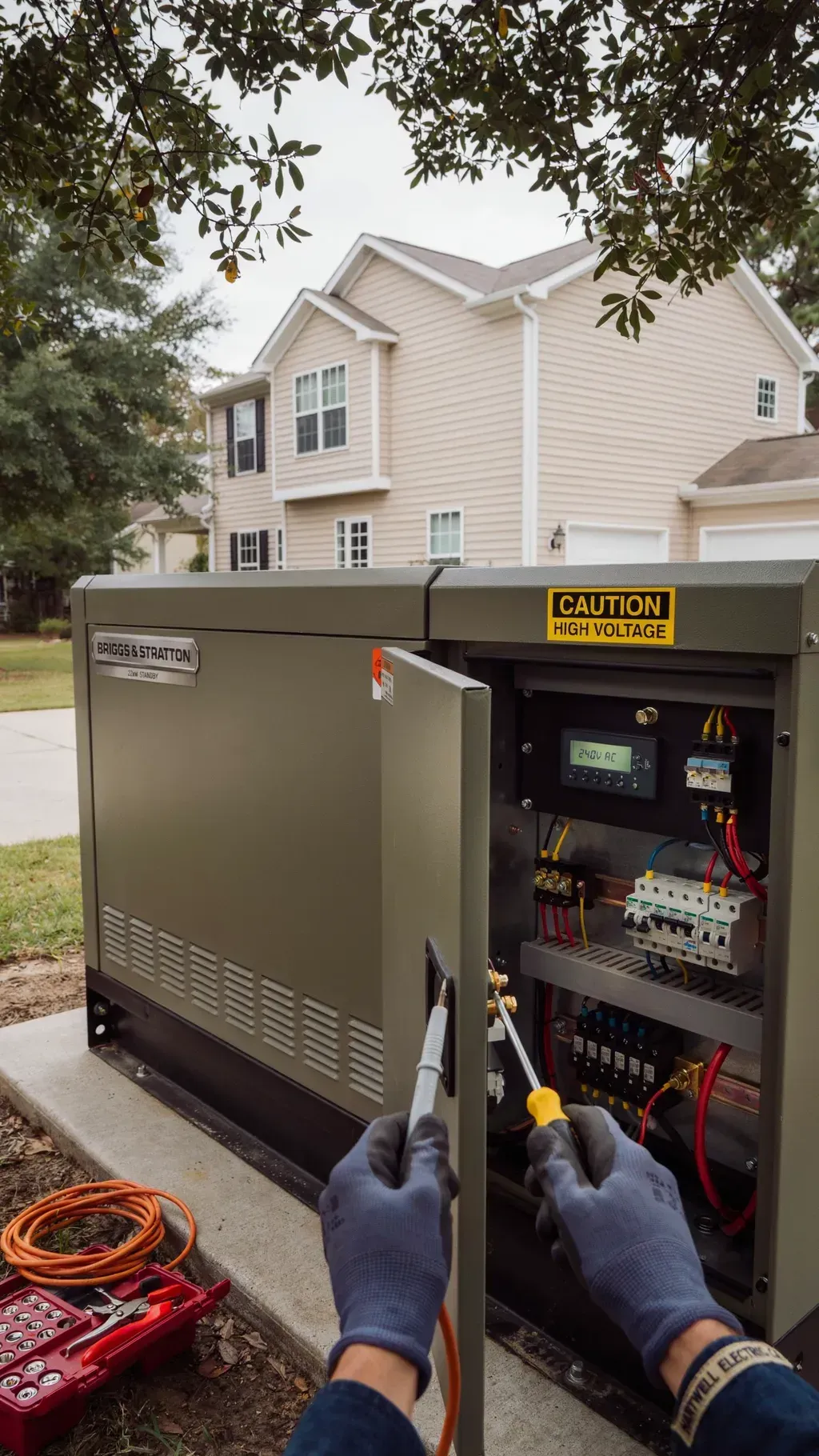 Technician working on an open outdoor electrical generator beside a suburban house