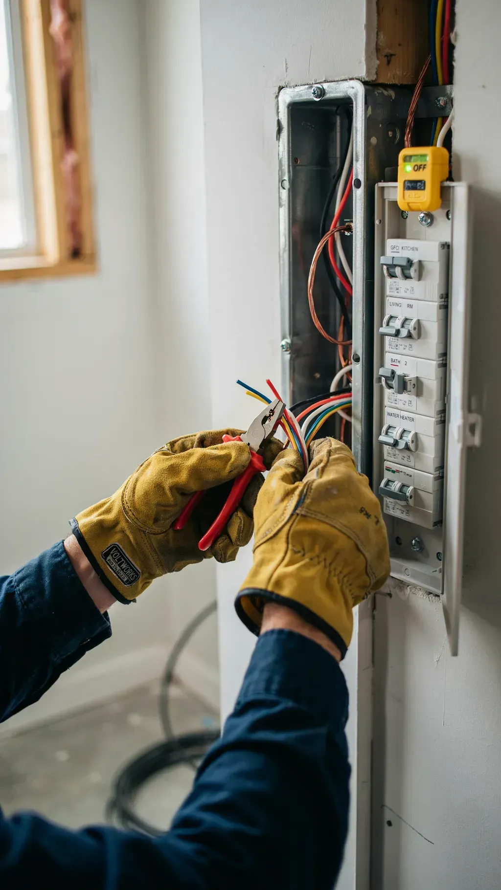 Electrician wearing yellow gloves wiring an open electrical panel with exposed wires.