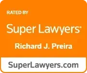 The logo for super lawyers richard j. preira is orange and white.