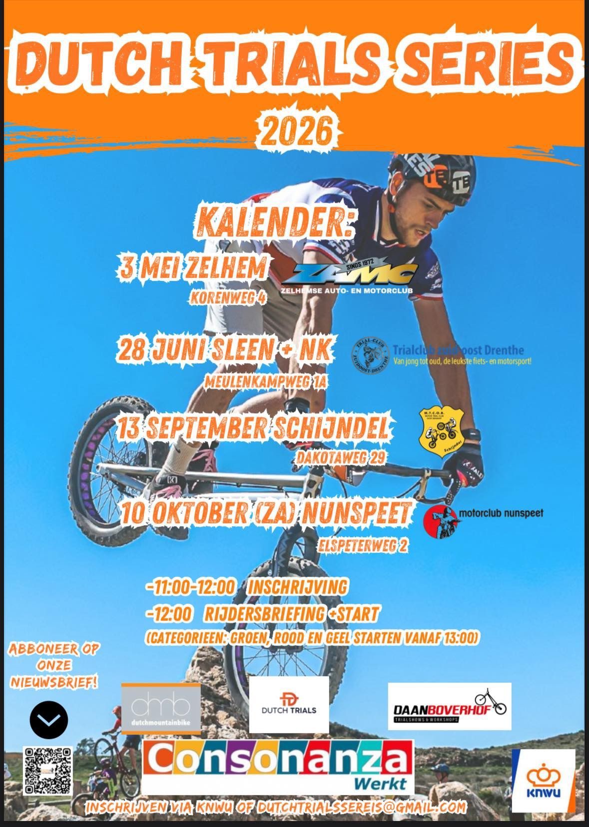 Poster van de Dutch Trials Series 2025 met wielrenner, kalenderdata en evenementlogo's op een oranje-blauwe achtergrond.