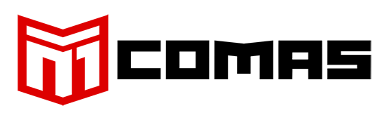 Het COMAS-logo in rood en zwart met een gestileerd schildpictogram op een witte achtergrond.