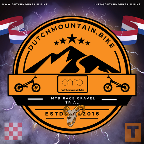 Oranje logo van Dutchmountain.bike met berg-, sterren- en fietspictogrammen op een paarse achtergrond.