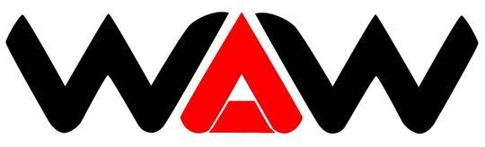 Gestileerd zwart-rood WAW-logo op een witte achtergrond.