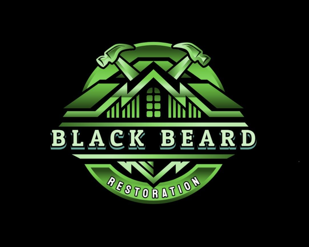 Green logo for Black Beard Restoration featuring a house silhouette with crossed hammers against a circular shield.