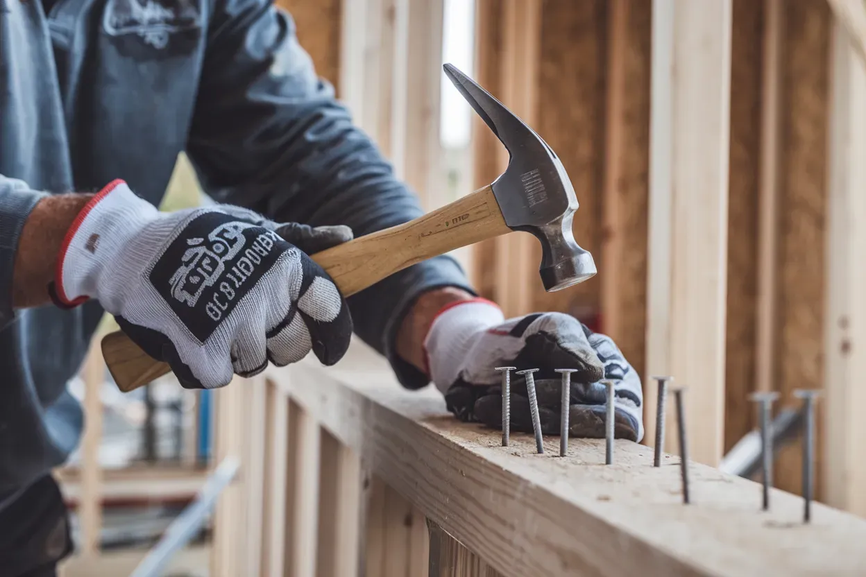 A person wearing work gloves hammers a nail into a wooden frame at a construction site.