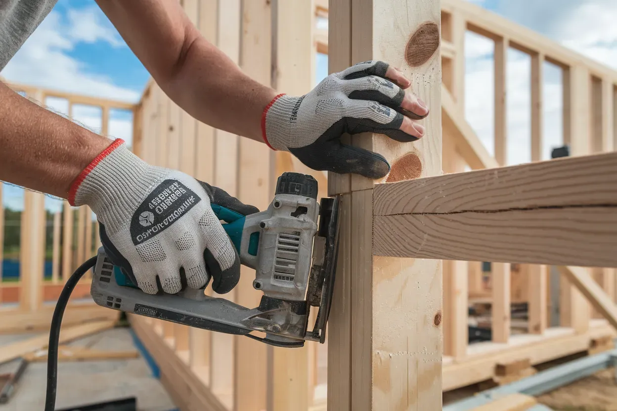 A worker wearing gloves uses an electric nail gun to attach a horizontal wooden beam to a vertical wall stud on a site.