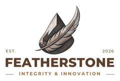 FEATHERSTONE logo with a feather and stone above, on a black plaque reading “EST. 2026 • INTEGRITY & INNOVATION”