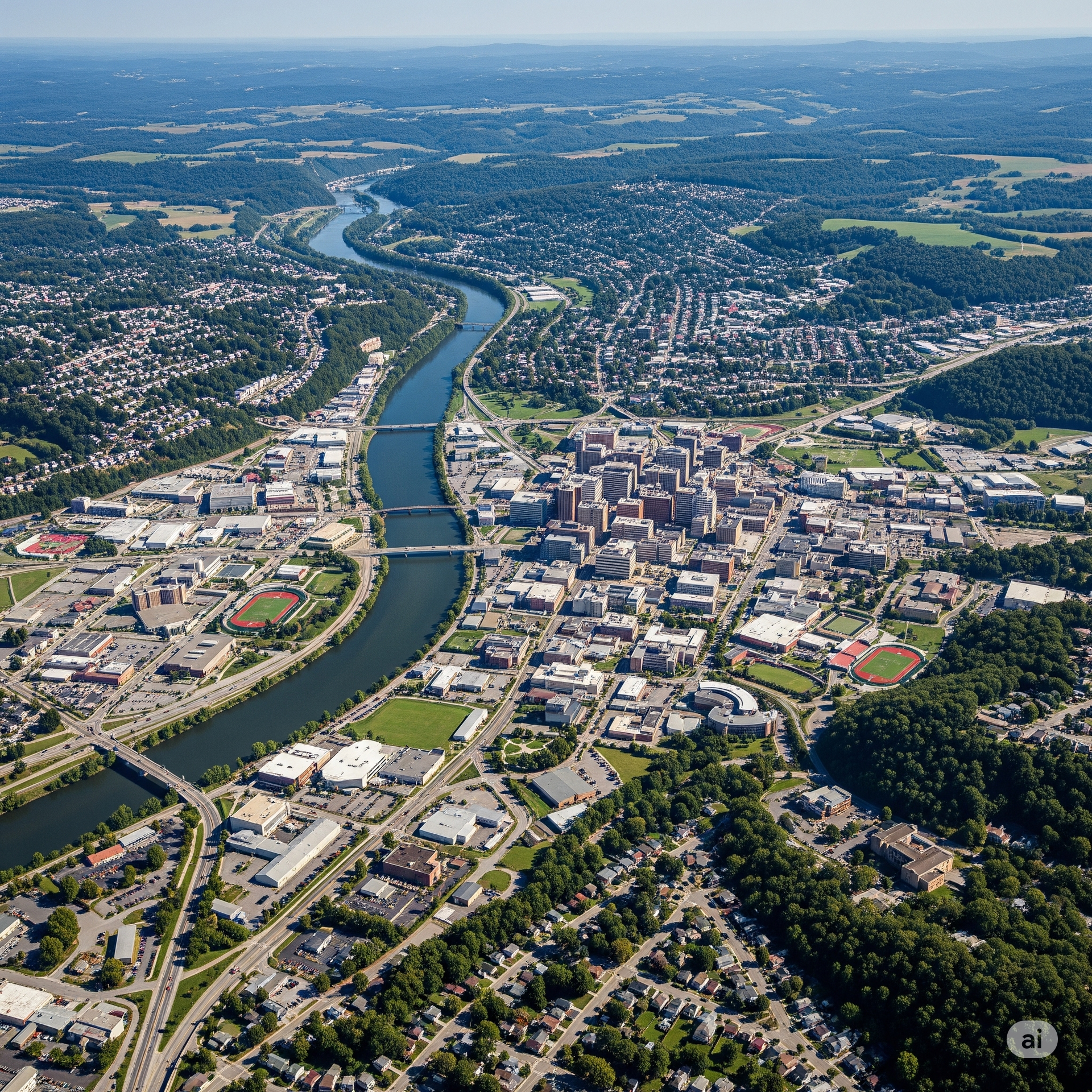 Aerial view of a city bisected by a river, with buildings and green spaces.