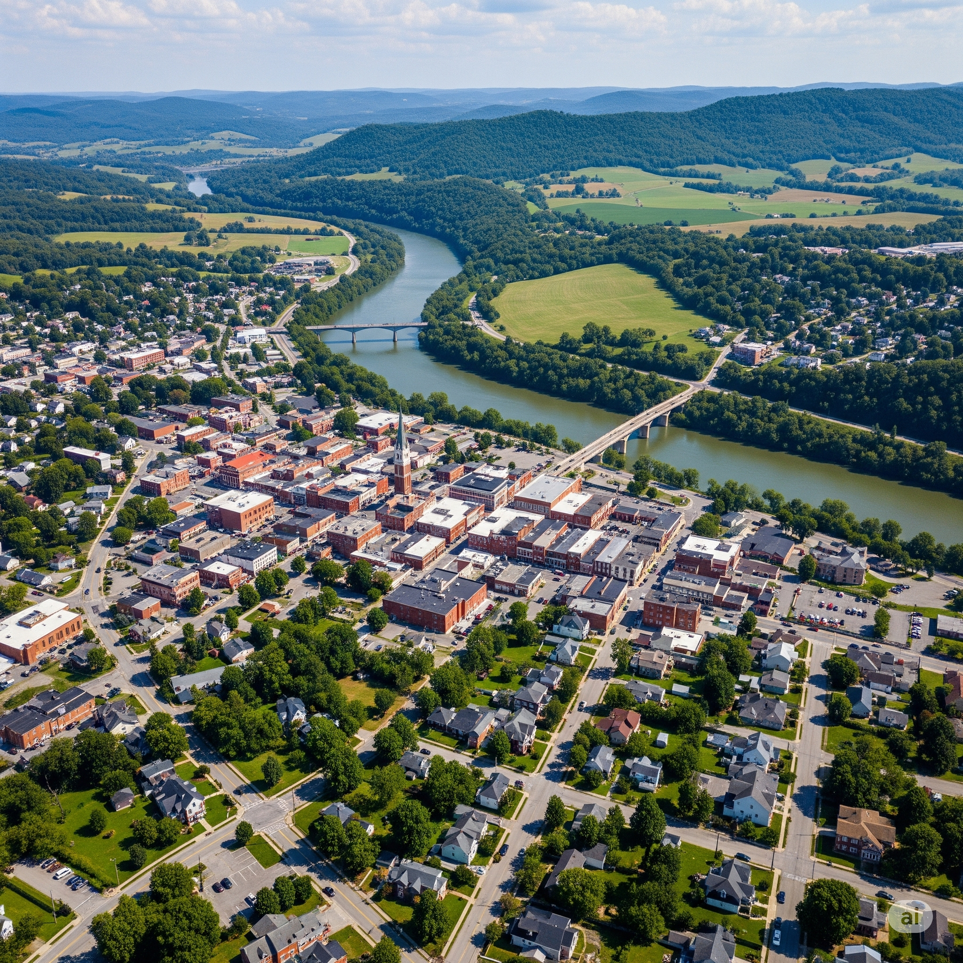 Aerial view of a town nestled by a river with two bridges, surrounded by green trees and rolling hills.