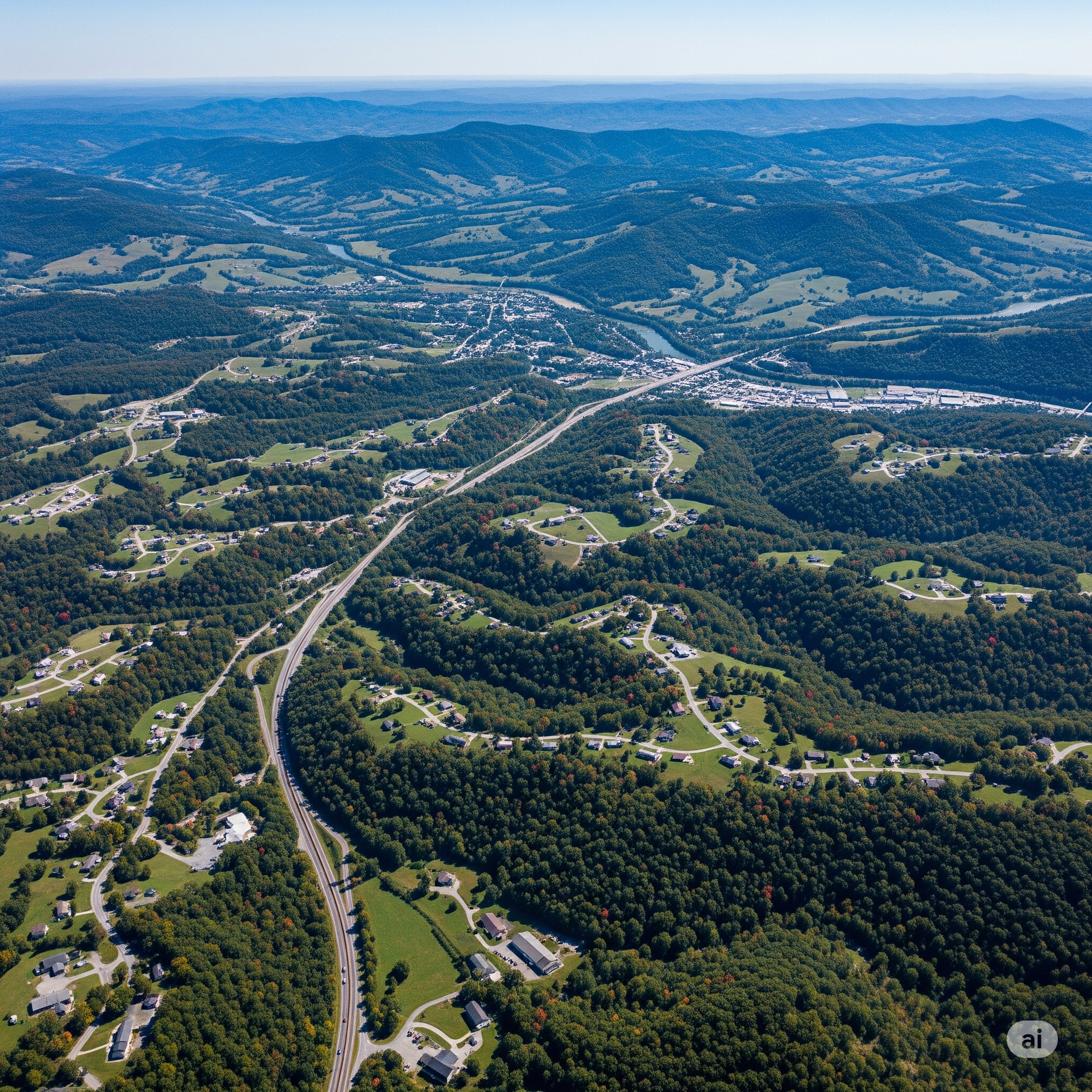 Aerial view of a valley with a highway cutting through lush green hills, with a town in the distance and blue sky.