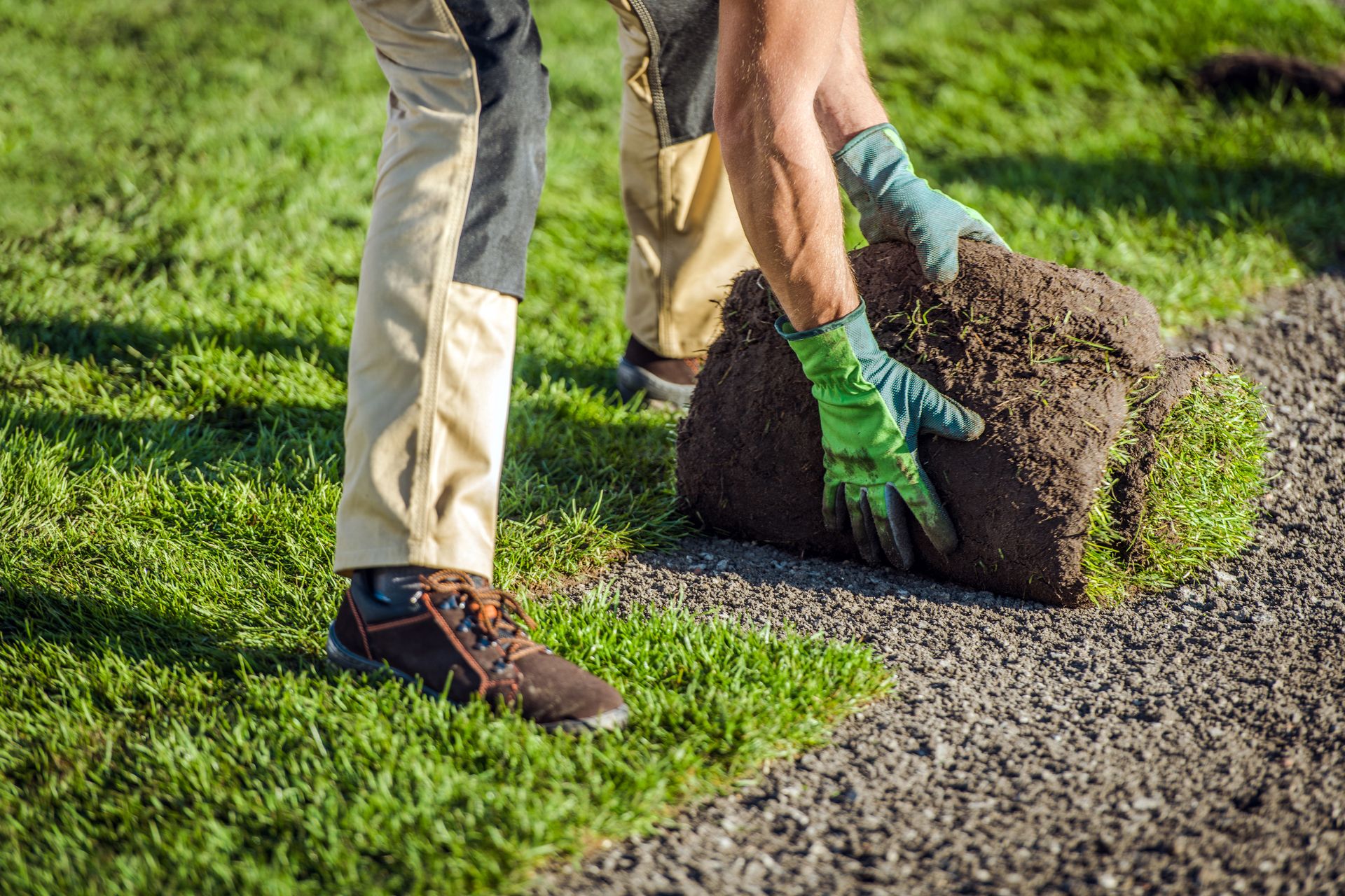 Person laying sod next to a gravel path in a green yard