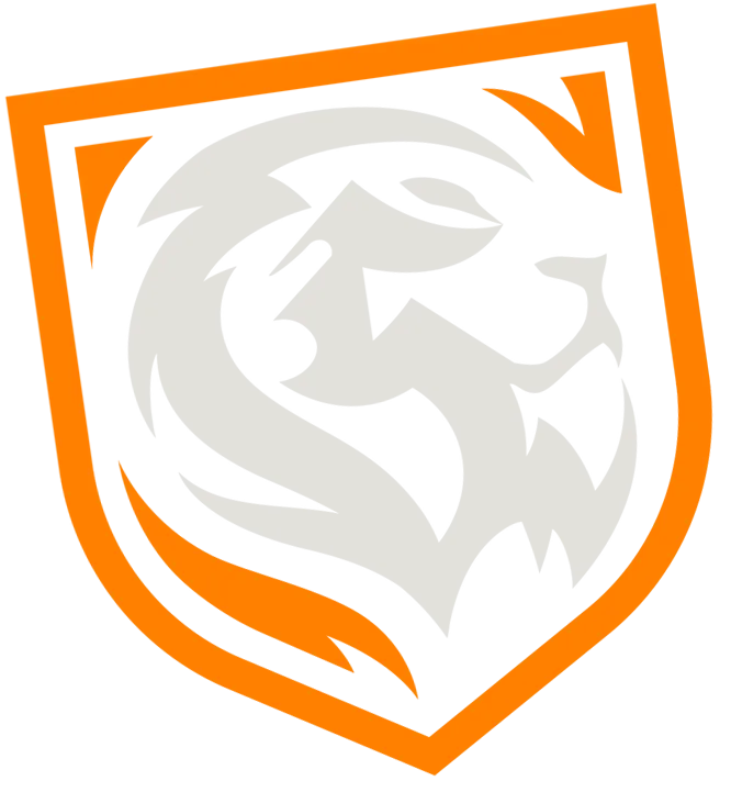 A white and orange shield with a lion on it