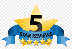 5-star reviews badge with gold star, blue ribbon, and five gold stars