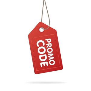 Red hanging price tag with white “PROMO CODE” text on a white background
