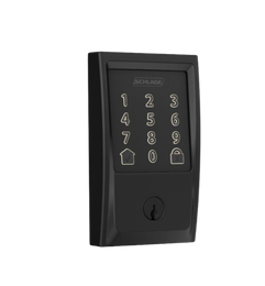 Black electronic keypad lock with numbered buttons and a keyhole.