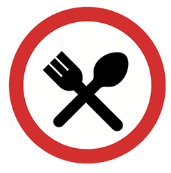 A fork and spoon crossed in a red circle