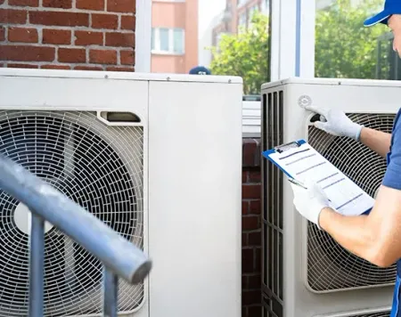 Technician inspecting outdoor air conditioner units with a clipboard