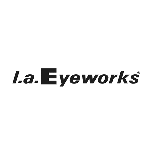 A black and white logo for la eyeworks on a white background.