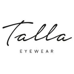 A black and white logo for talla eyewear on a white background.
