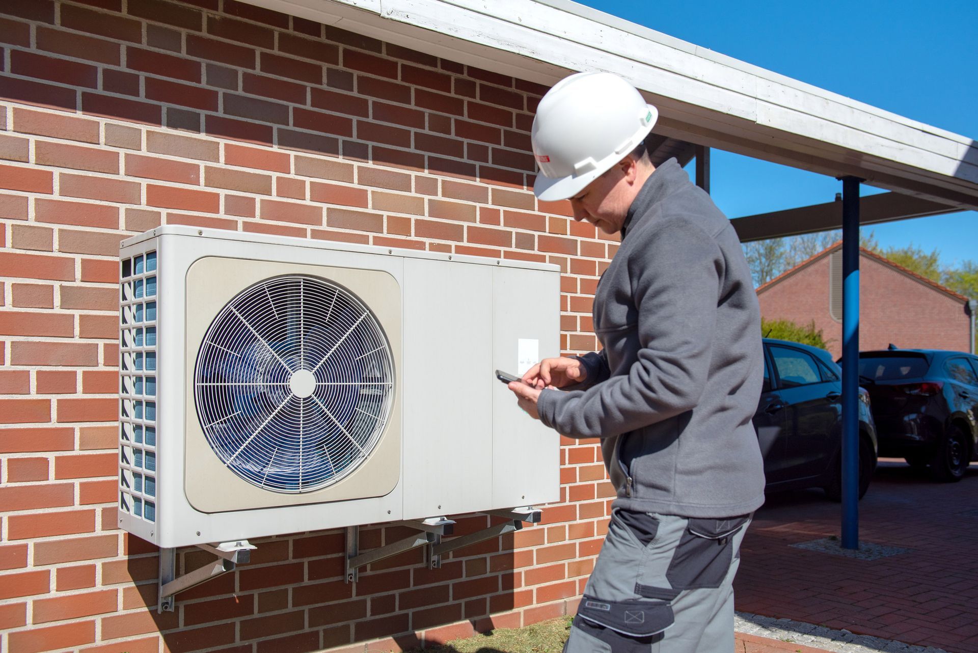 A technician inspecting a unit on a brick wall with a smartphone during outdoor HVAC Repair. HVAC technician in hardhat inspecting an air conditioning unit on a brick wall, outdoors.