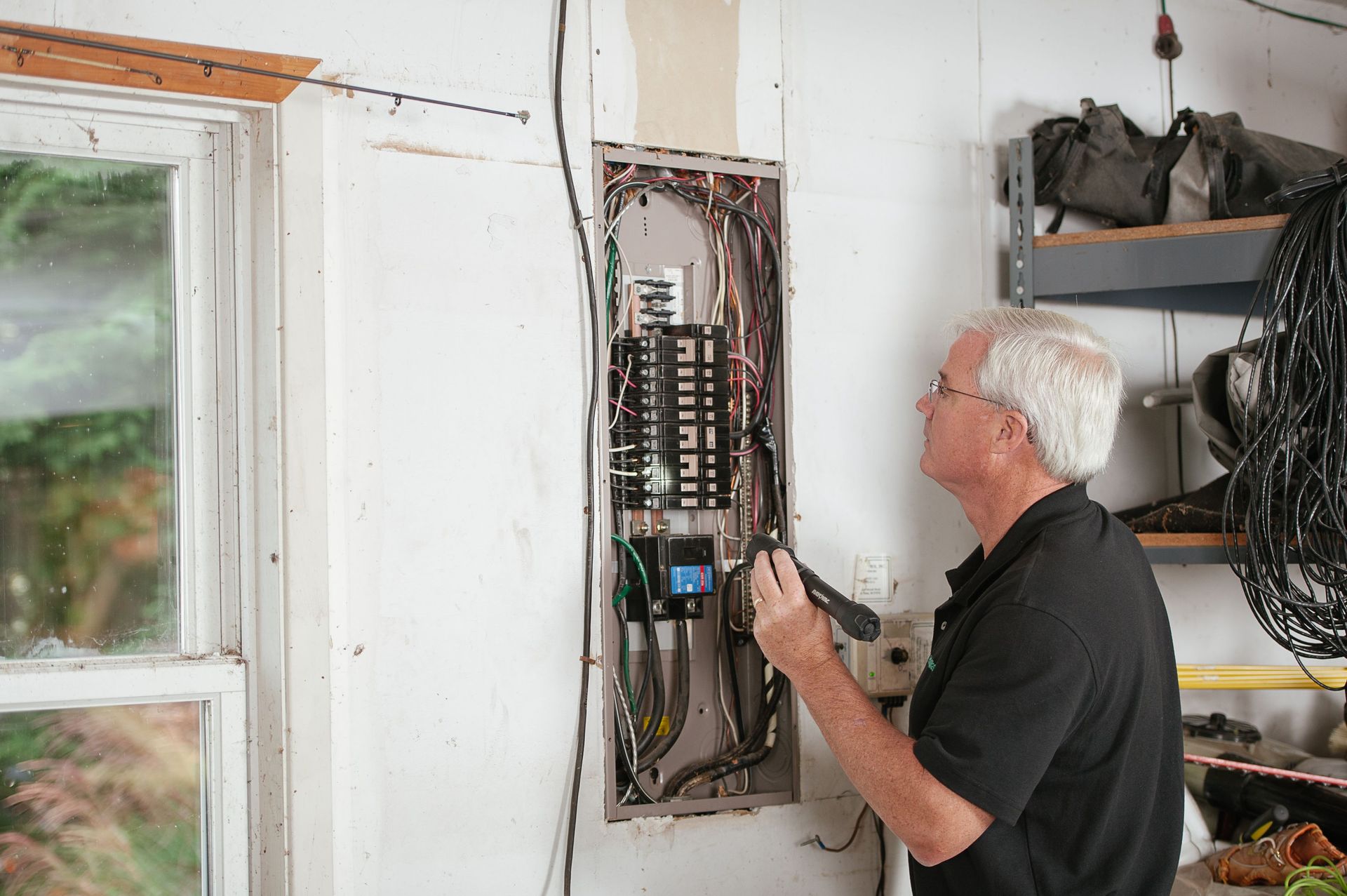 Technician inspecting an open electrical panel in a home interior