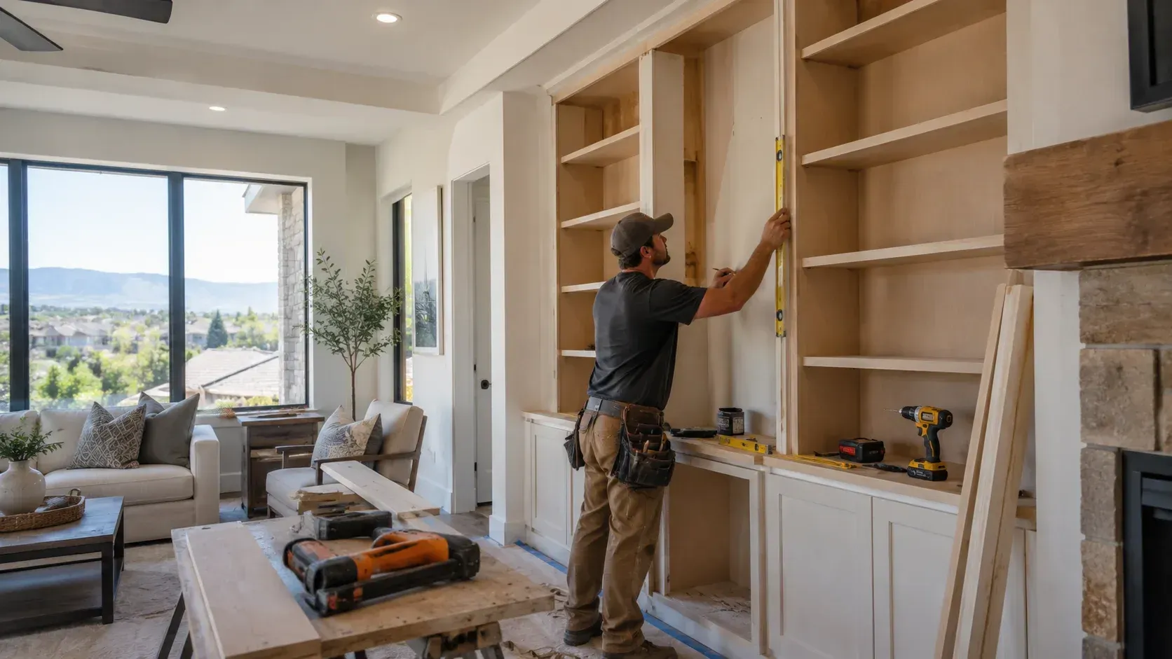 Finish carpenter measuring a custom built-in bookshelf in a living room, illustrating how long a custom built-in bookshelf takes to install in St. George, Utah.