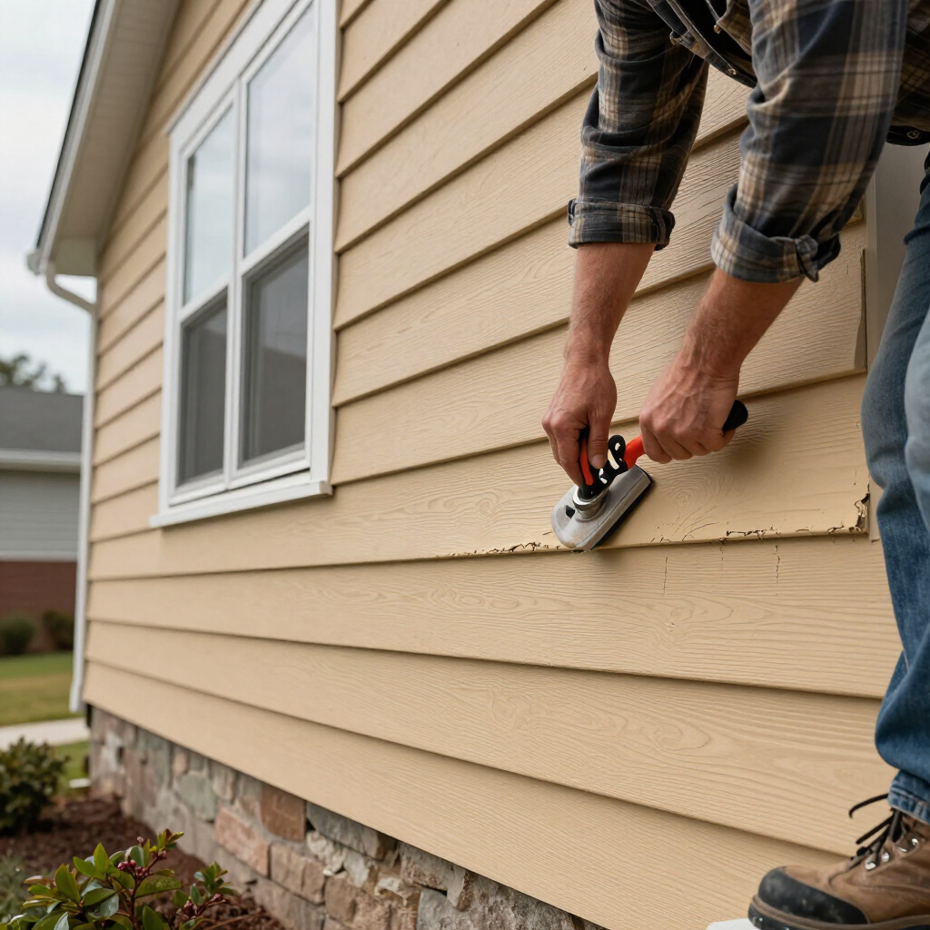Person applying caulk to beige house siding near a window with a handheld caulk gun