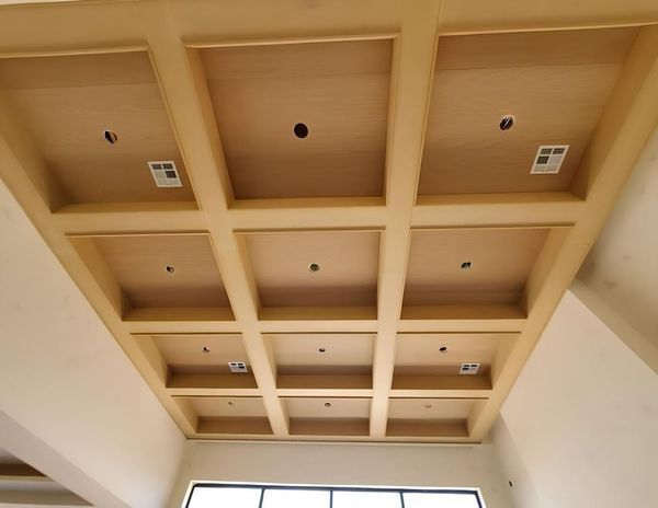 Coffered ceiling with recessed panels, warm wood color. Electrical fixtures visible.