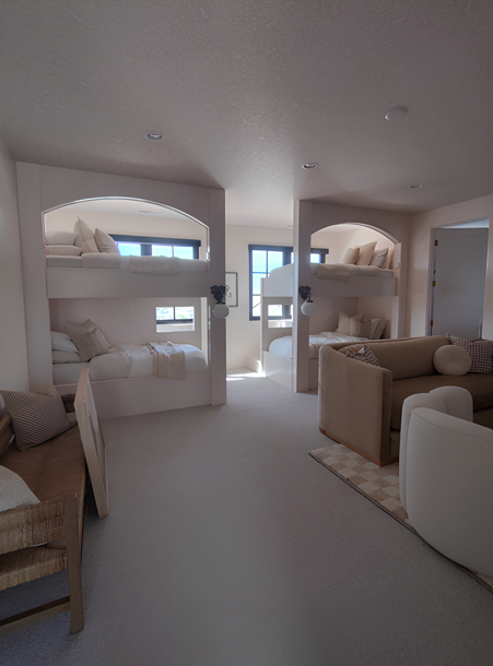 Neutral-toned room with two bunk bed alcoves, a seating area, and a desk.
