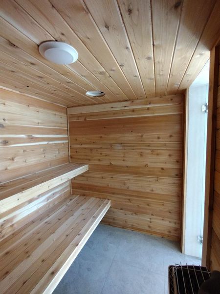 Wooden sauna interior with tiered benches, a light, and a door.
