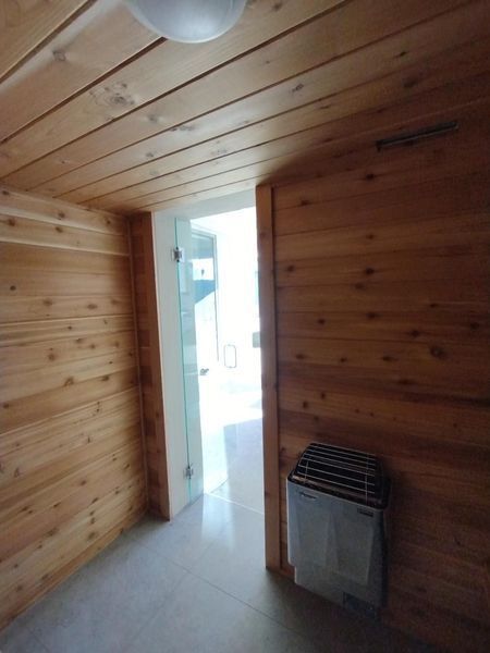 Wooden sauna interior with a glass door and a heater.