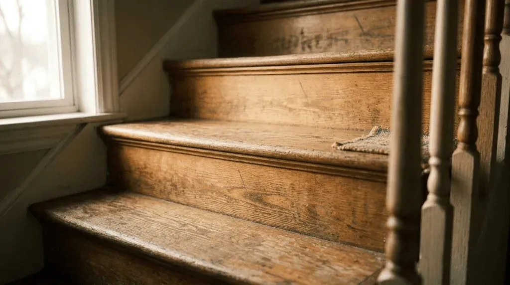 Why Do My Stairs Creak in the Same Spot Every Time I Step There? Close-up of wood treads.