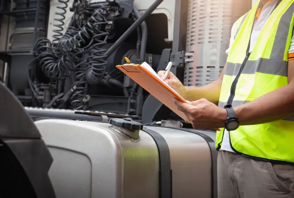 Person in Safety Vest Inspecting a Truck, Writing on a Clipboard — Advanced Auto Electrics & Mechanical in Innisfail, QLD