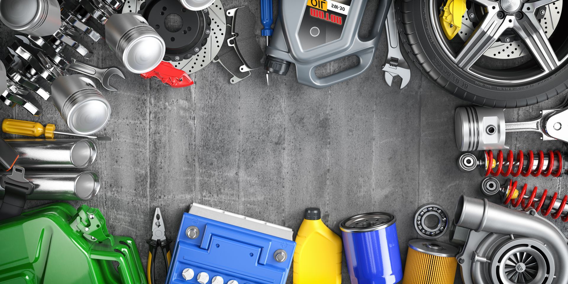 Car Parts Arranged on a Gray Surface, Including a Tire, Battery — Advanced Auto Electrics & Mechanical in Innisfail, QLD