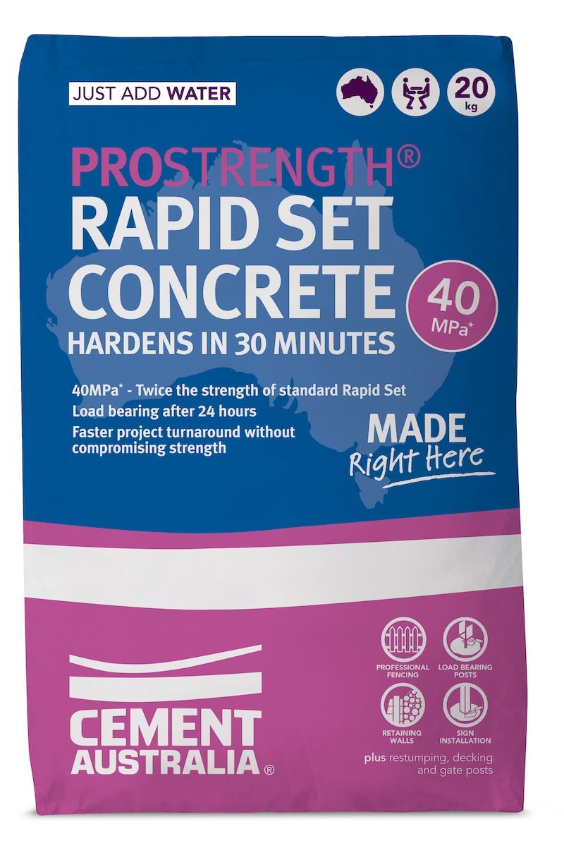 A bag of pro strength rapid set concrete hardens in 30 minutes.