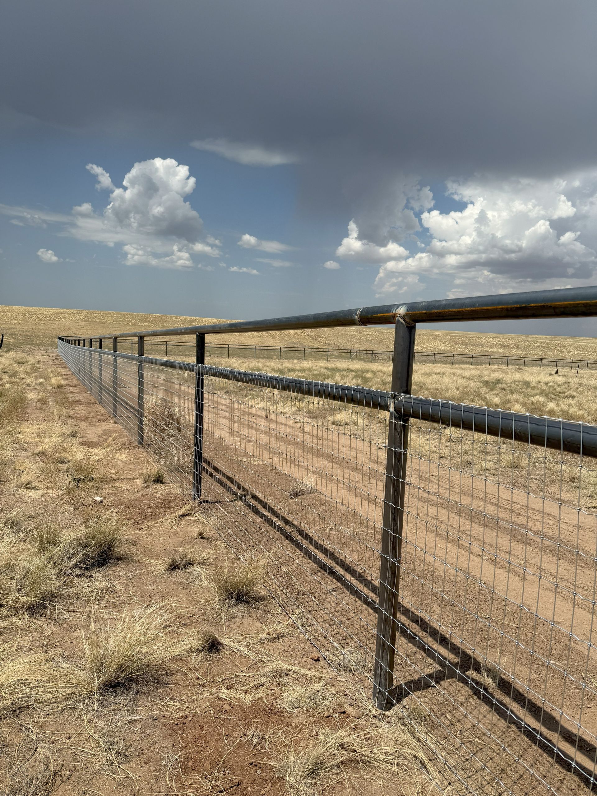 Metal fence in a dry, open field with a cloudy sky overhead.