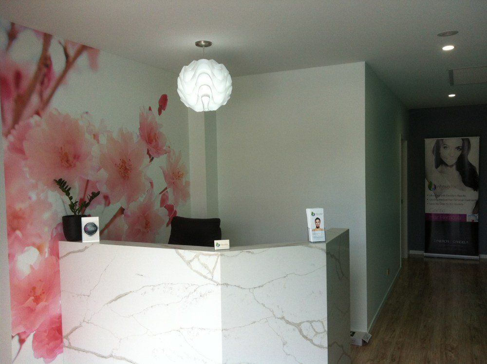 A reception area with a floral wallpaper on the wall — Red Emperor Constructions in Cannonvale, QLD