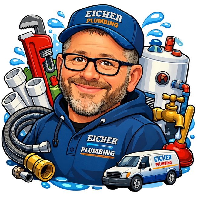 Cartoon plumber in blue Eicher Plumbing gear with tools, pipes, water heater, and service van logos.