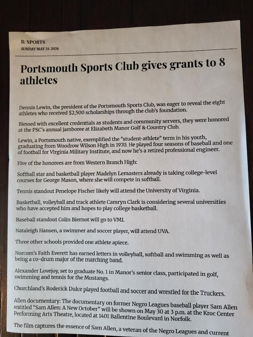 Blurry newspaper article titled “Portsmouth Sports Club gives grants to 8 athletes”