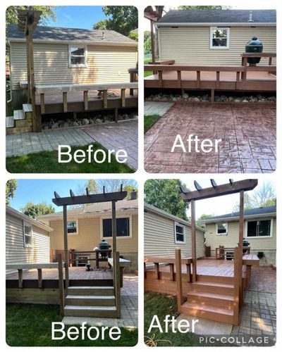 Comparison of a deck: Before, with graying wood; After, with stained wood. Decorative stone patio.