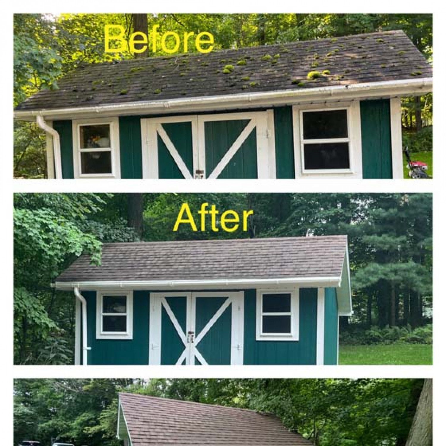 Before and after images of a shed roof cleaning. The before shows a moss-covered roof; the after shows a clean roof.